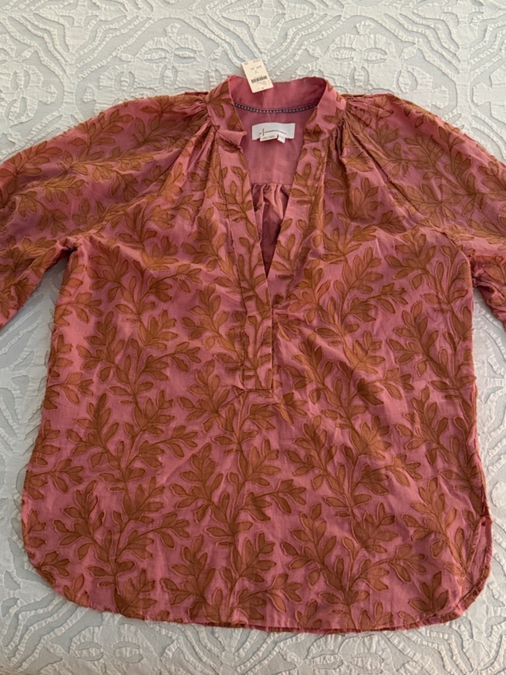 Women's Pink Leaf-Print Split-Neck Tunic